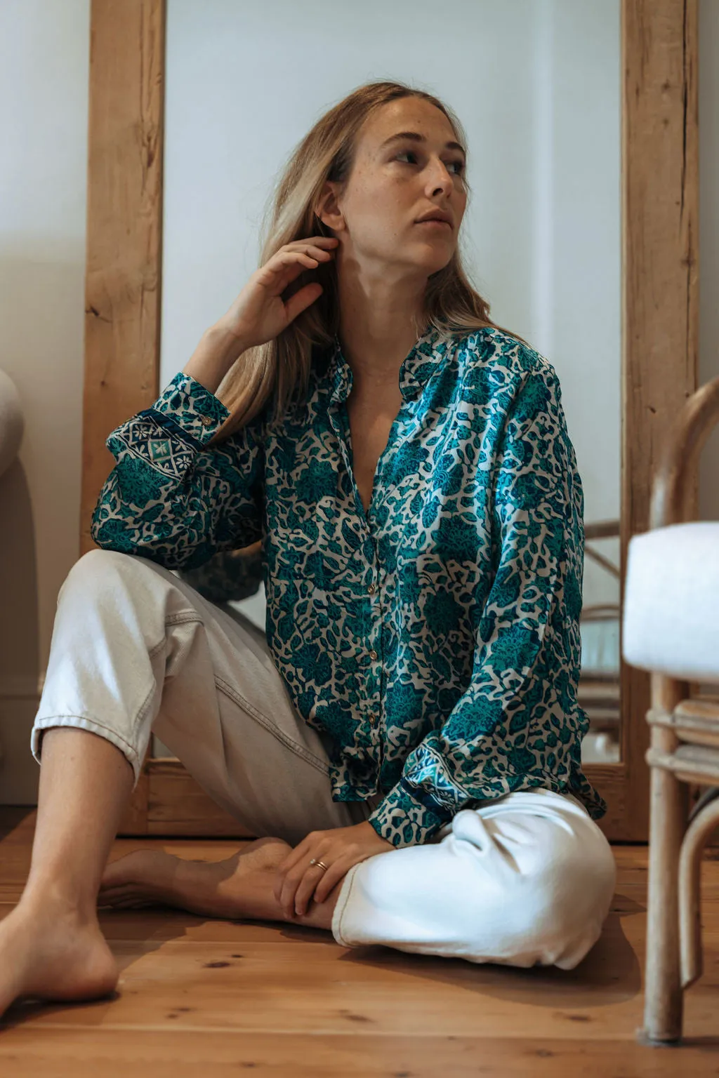 Les Fleurs Silk Blouse in Aquamarine