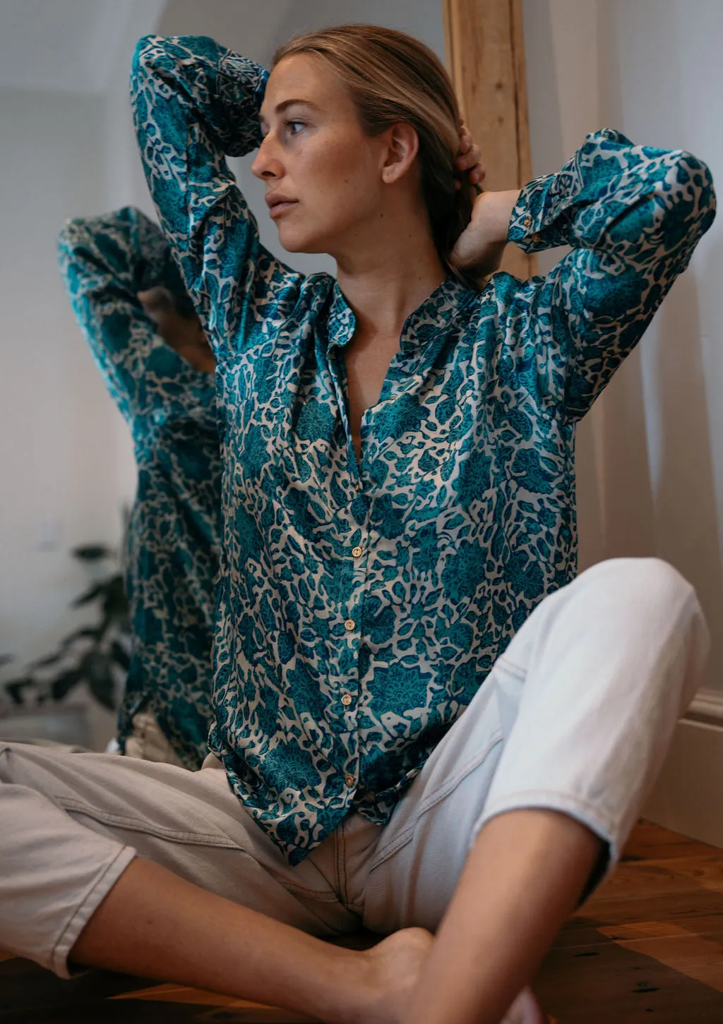 Les Fleurs Silk Blouse in Aquamarine