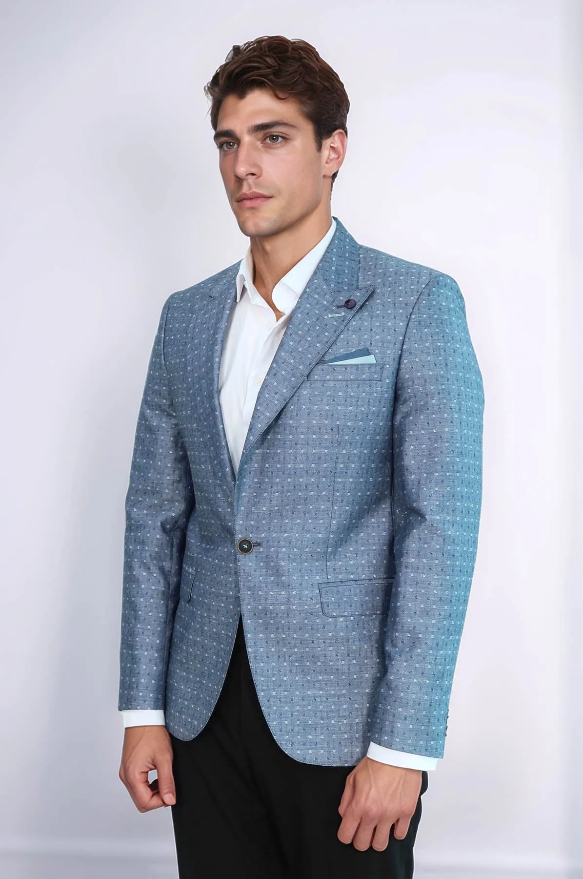 Light Blue Linen Dot Patterned Jacket | Wessi