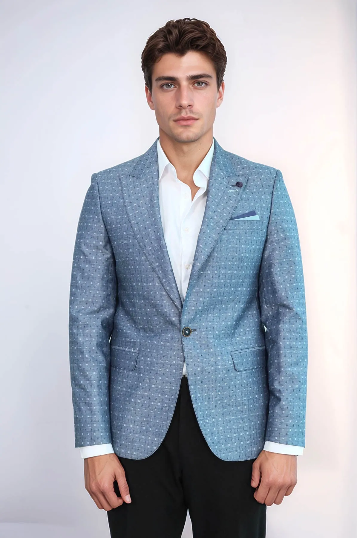 Light Blue Linen Dot Patterned Jacket | Wessi