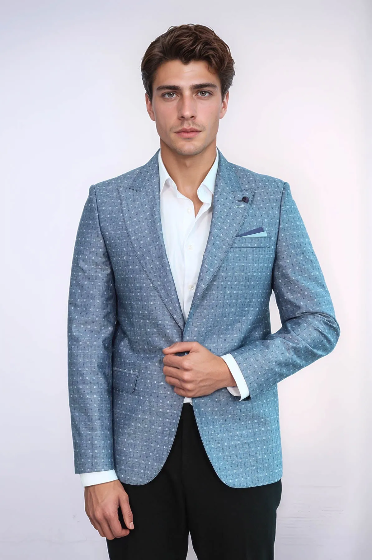 Light Blue Linen Dot Patterned Jacket | Wessi