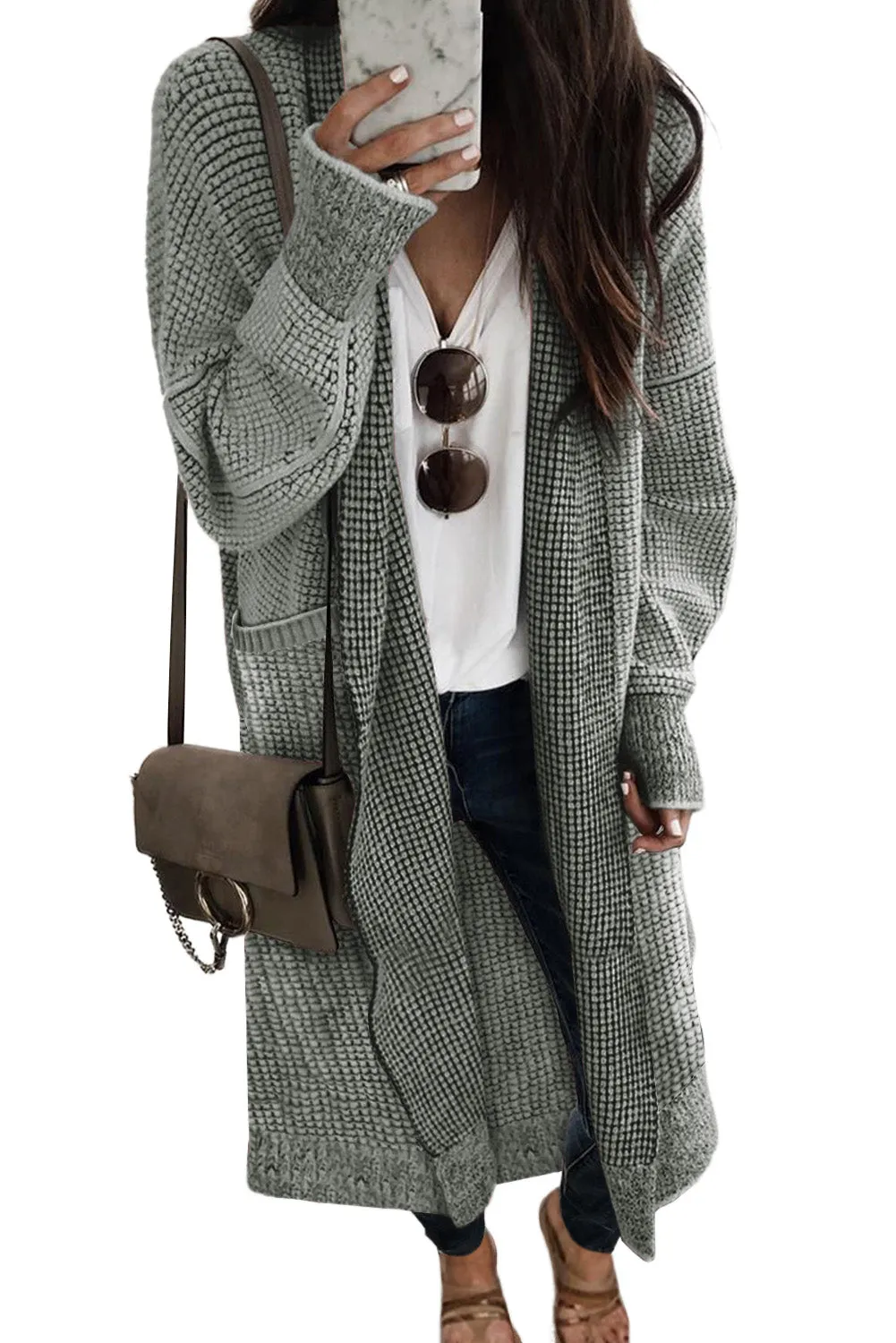Light Grey Waffle Knit Pocketed Duster Cardigan
