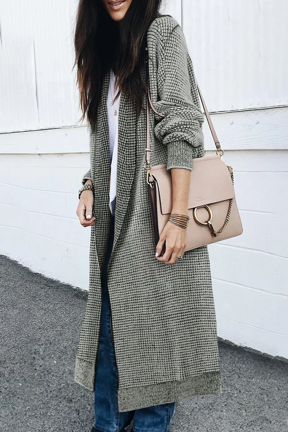 Light Grey Waffle Knit Pocketed Duster Cardigan