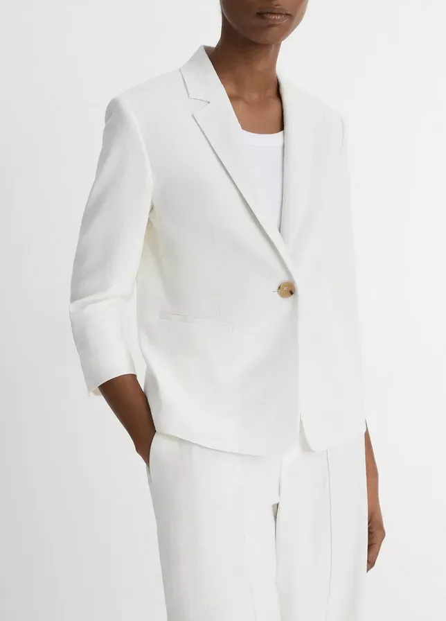 Linen-Blend Shrunken Blazer in Off-White