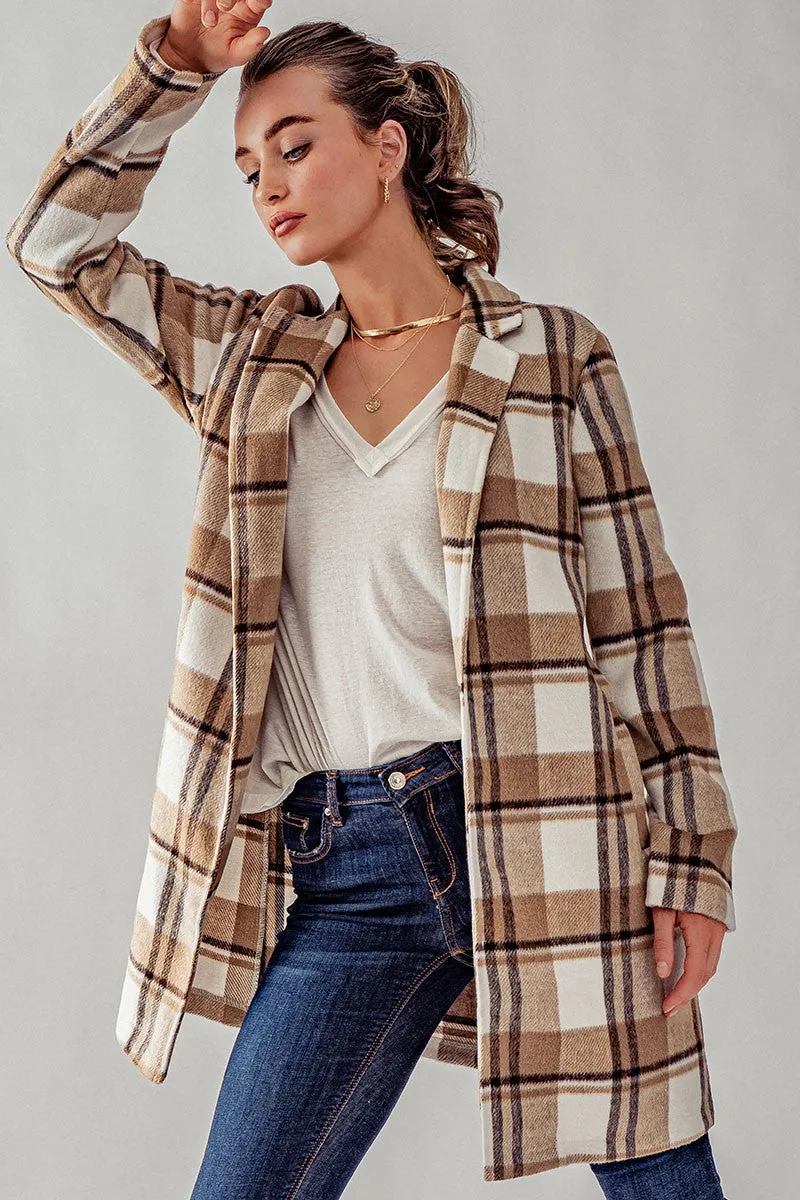Long Flannel Plaid Coat - Camel