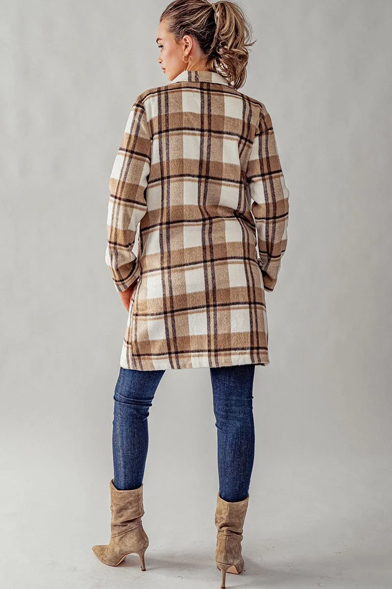 Long Flannel Plaid Coat - Camel