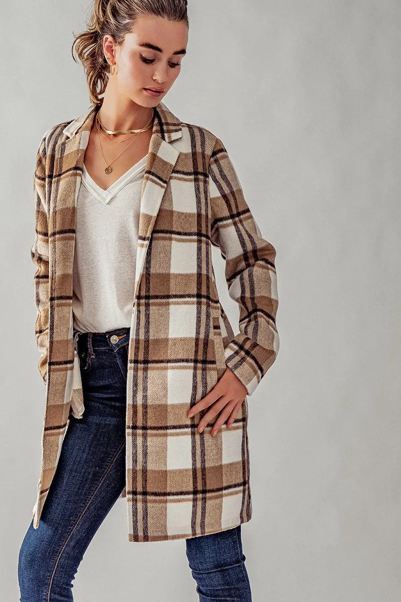 Long Flannel Plaid Coat - Camel