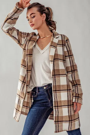 Long Flannel Plaid Coat - Camel