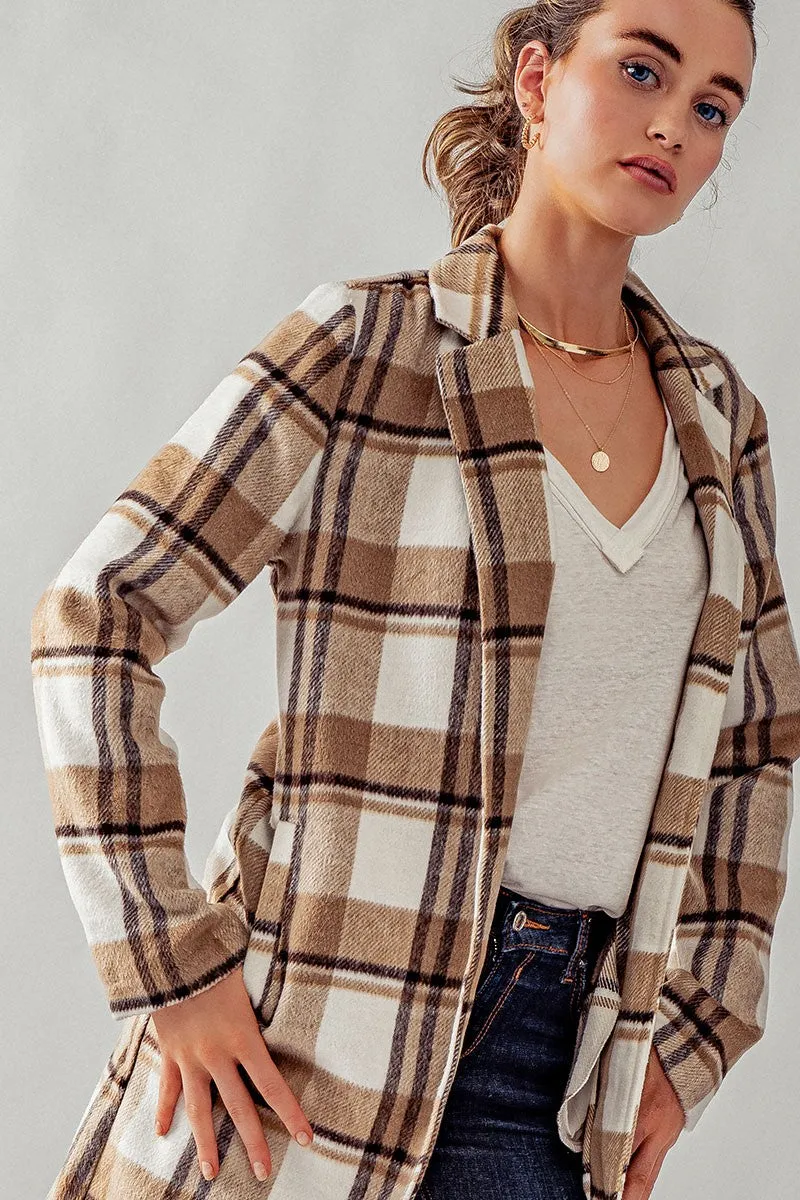 Long Flannel Plaid Coat - Camel