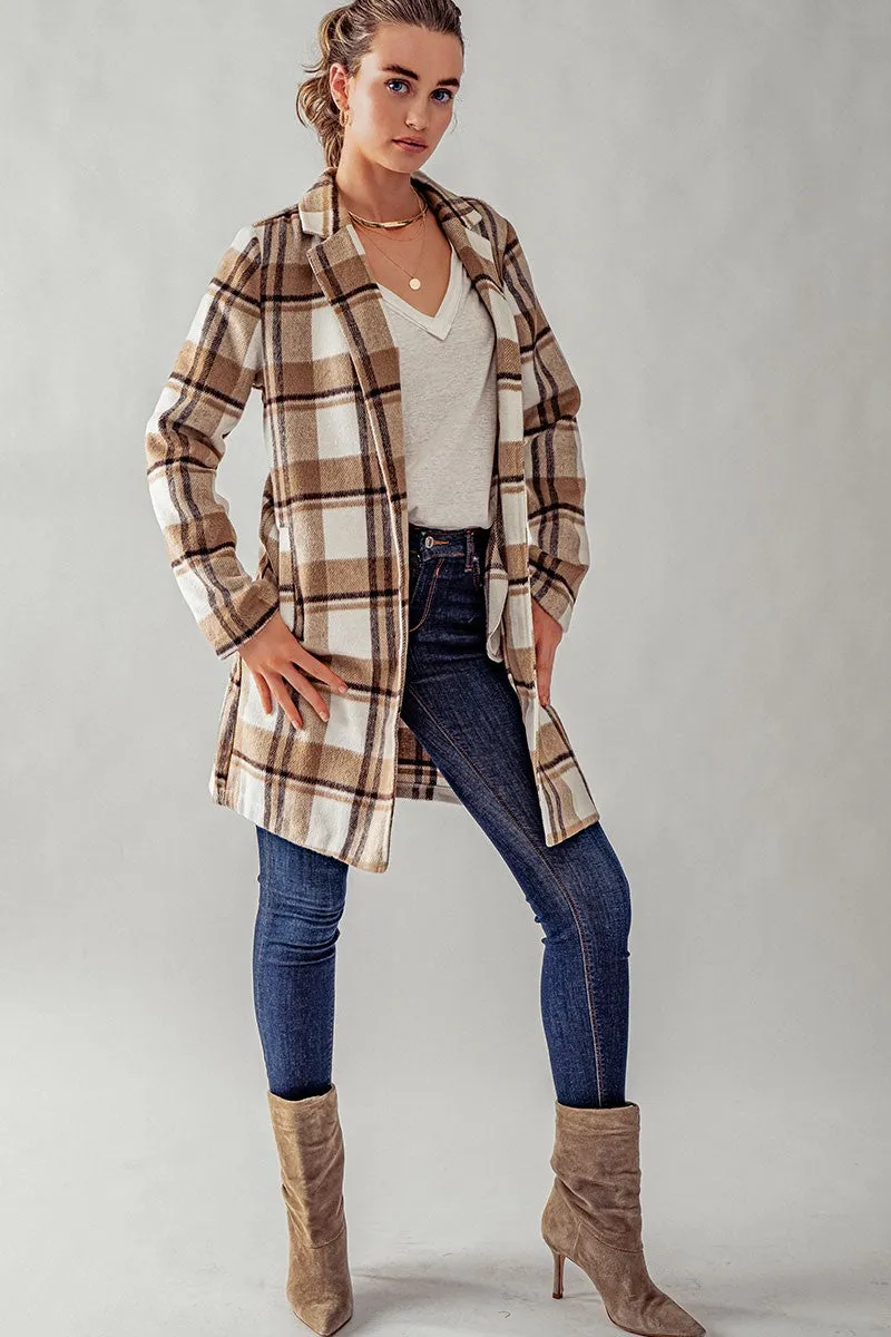 Long Flannel Plaid Coat - Camel