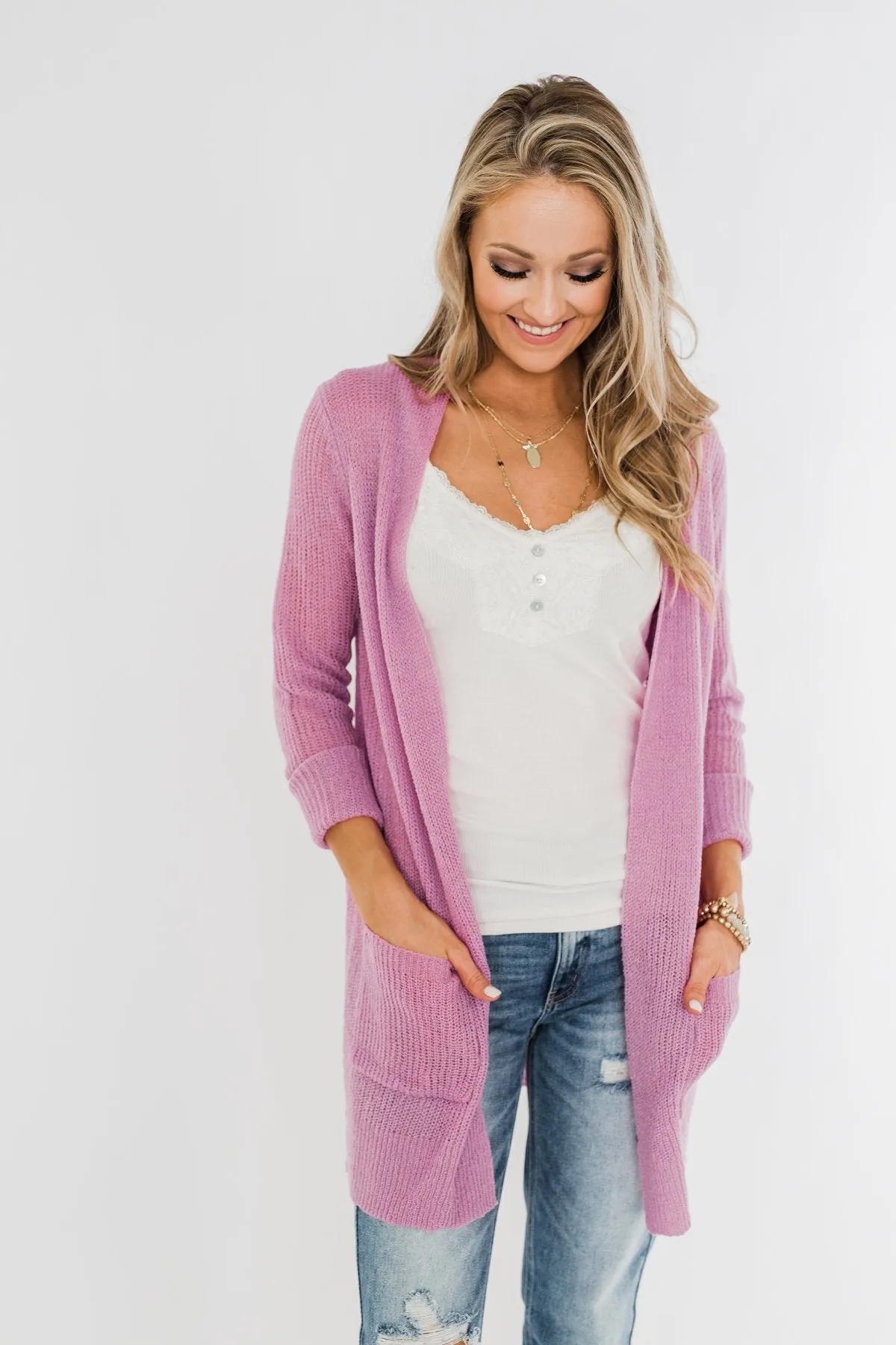 Long Sleeve Knit Cardigan- French Rose