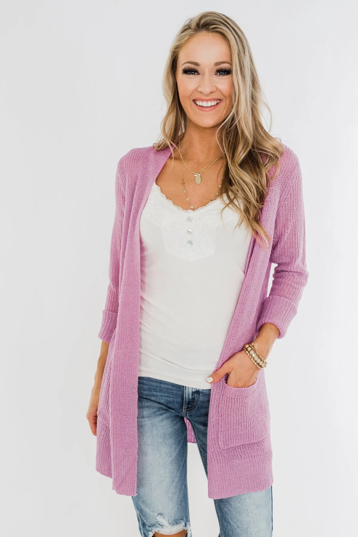 Long Sleeve Knit Cardigan- French Rose