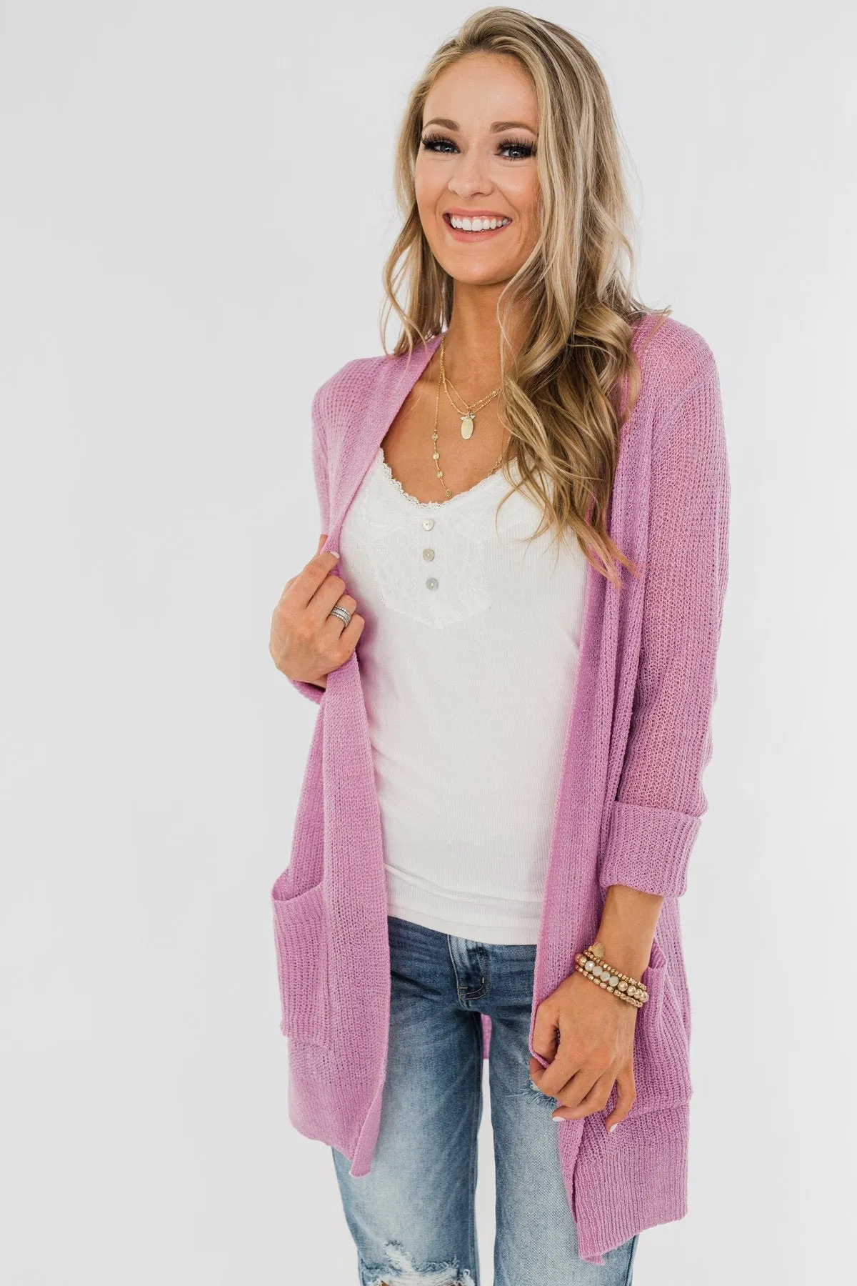 Long Sleeve Knit Cardigan- French Rose