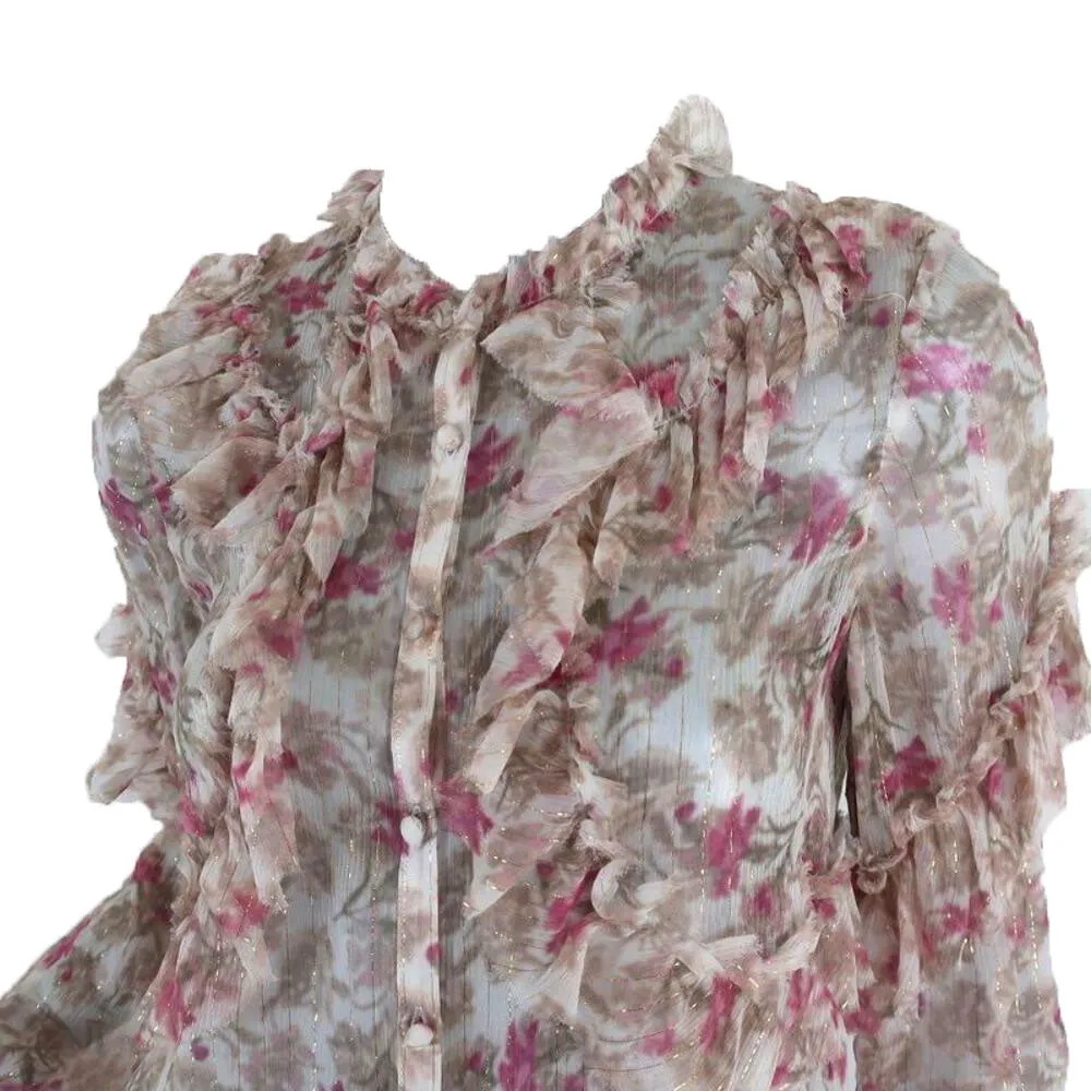 LOVESHACKFANCY Women's Ivory Floral Ruffle Clara Top Size X-Small $345 NWT
