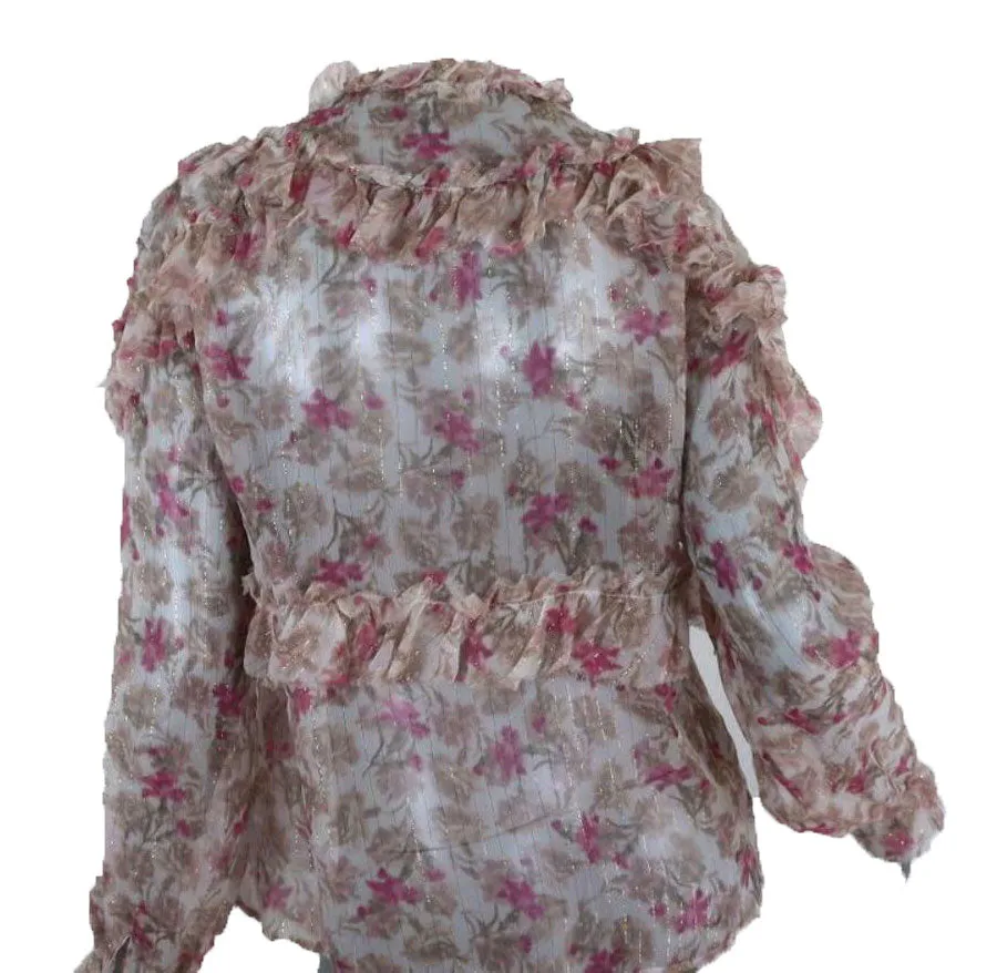 LOVESHACKFANCY Women's Ivory Floral Ruffle Clara Top Size X-Small $345 NWT
