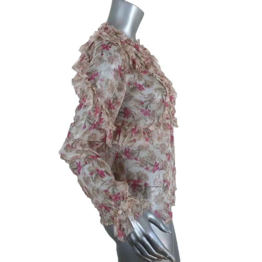 LOVESHACKFANCY Women's Ivory Floral Ruffle Clara Top Size X-Small $345 NWT