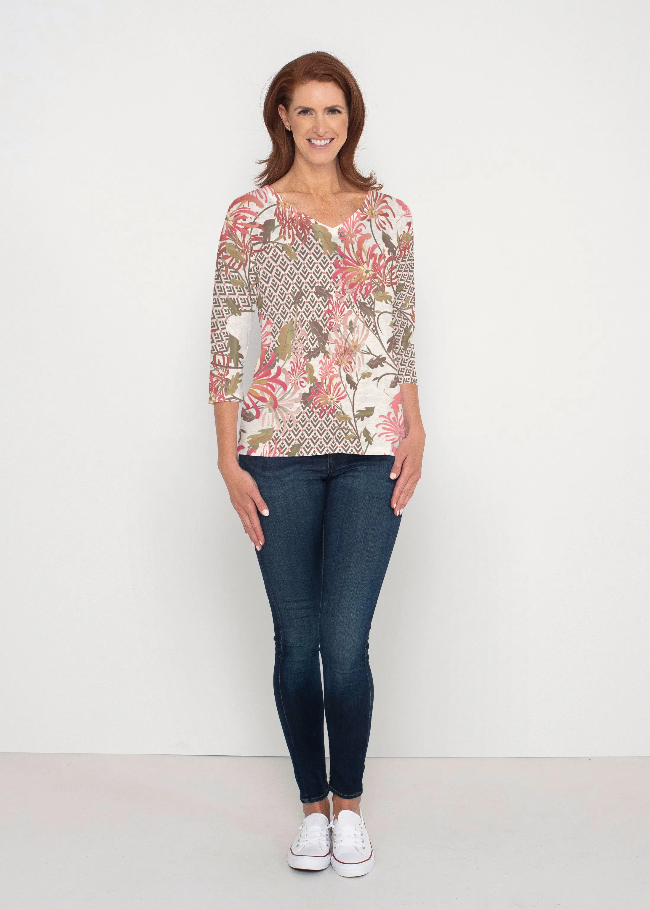 Lucia Chocolate (8129) ~ Signature 3/4 Sleeve V-Neck Top