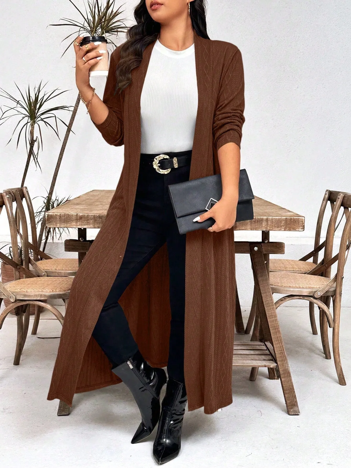 LUNE Plus Size Casual Solid Color Long Jacket, Autumn