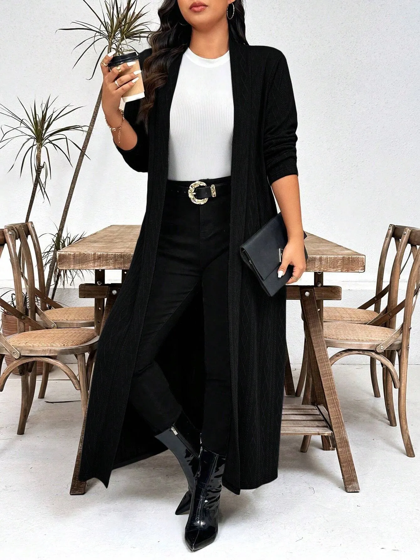 LUNE Plus Size Casual Solid Color Long Jacket, Autumn