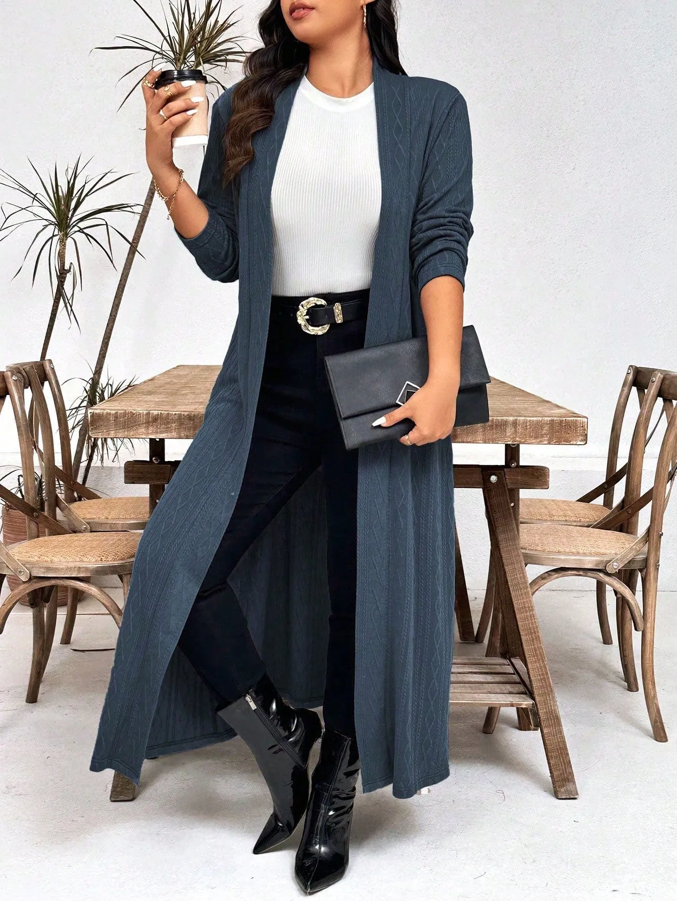 LUNE Plus Size Casual Solid Color Long Jacket, Autumn