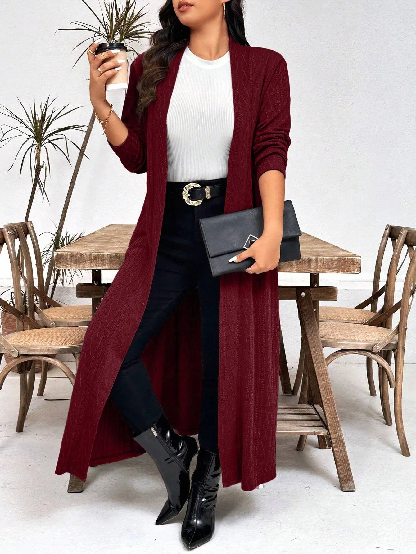 LUNE Plus Size Casual Solid Color Long Jacket, Autumn
