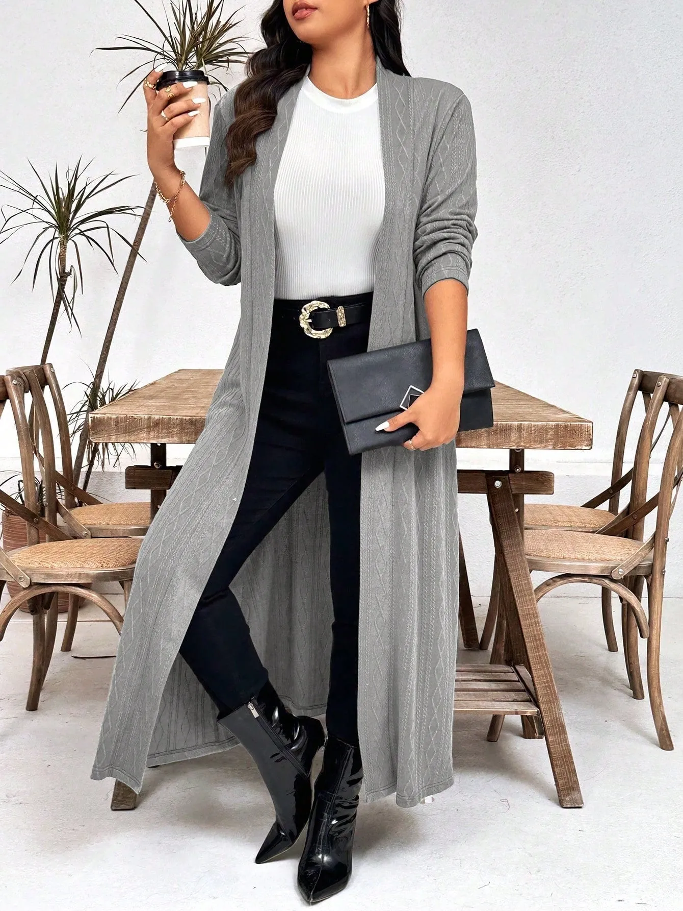 LUNE Plus Size Casual Solid Color Long Jacket, Autumn