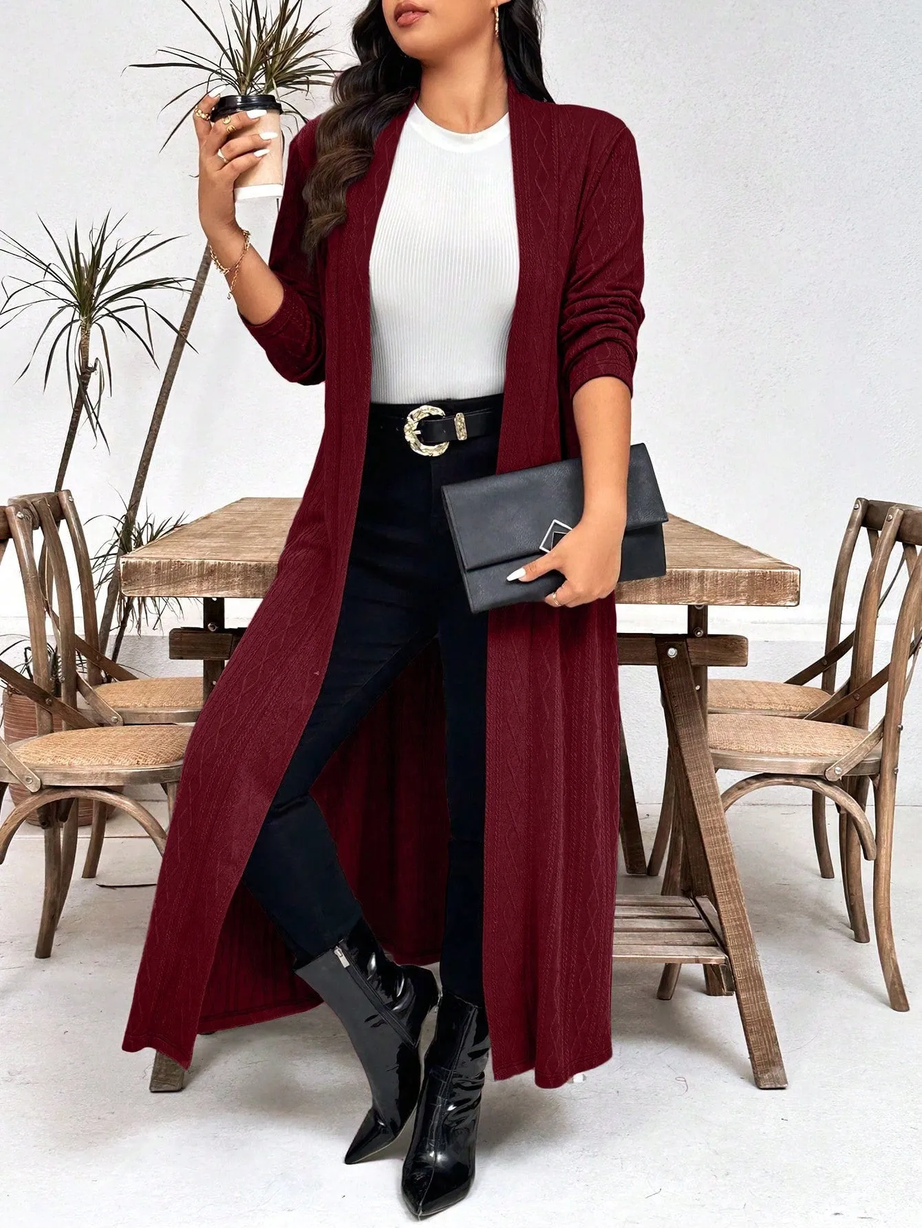 LUNE Plus Size Casual Solid Color Long Jacket, Autumn