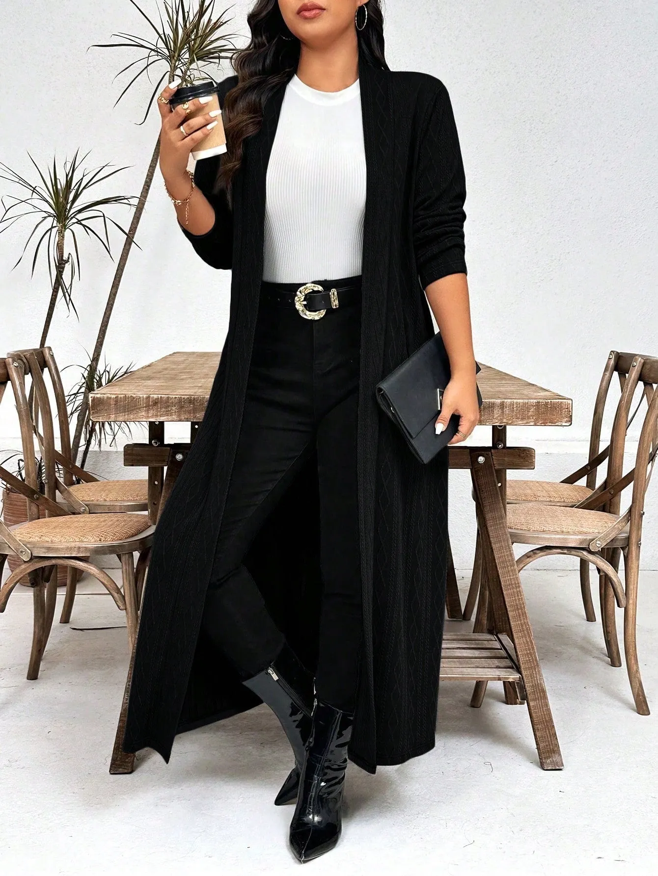 LUNE Plus Size Casual Solid Color Long Jacket, Autumn