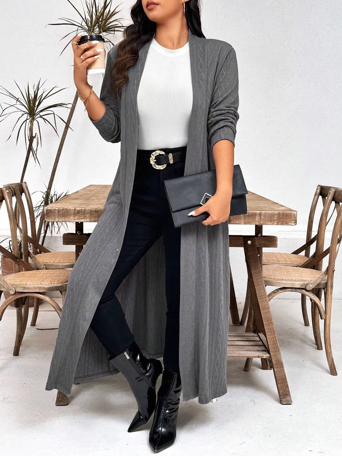 LUNE Plus Size Casual Solid Color Long Jacket, Autumn