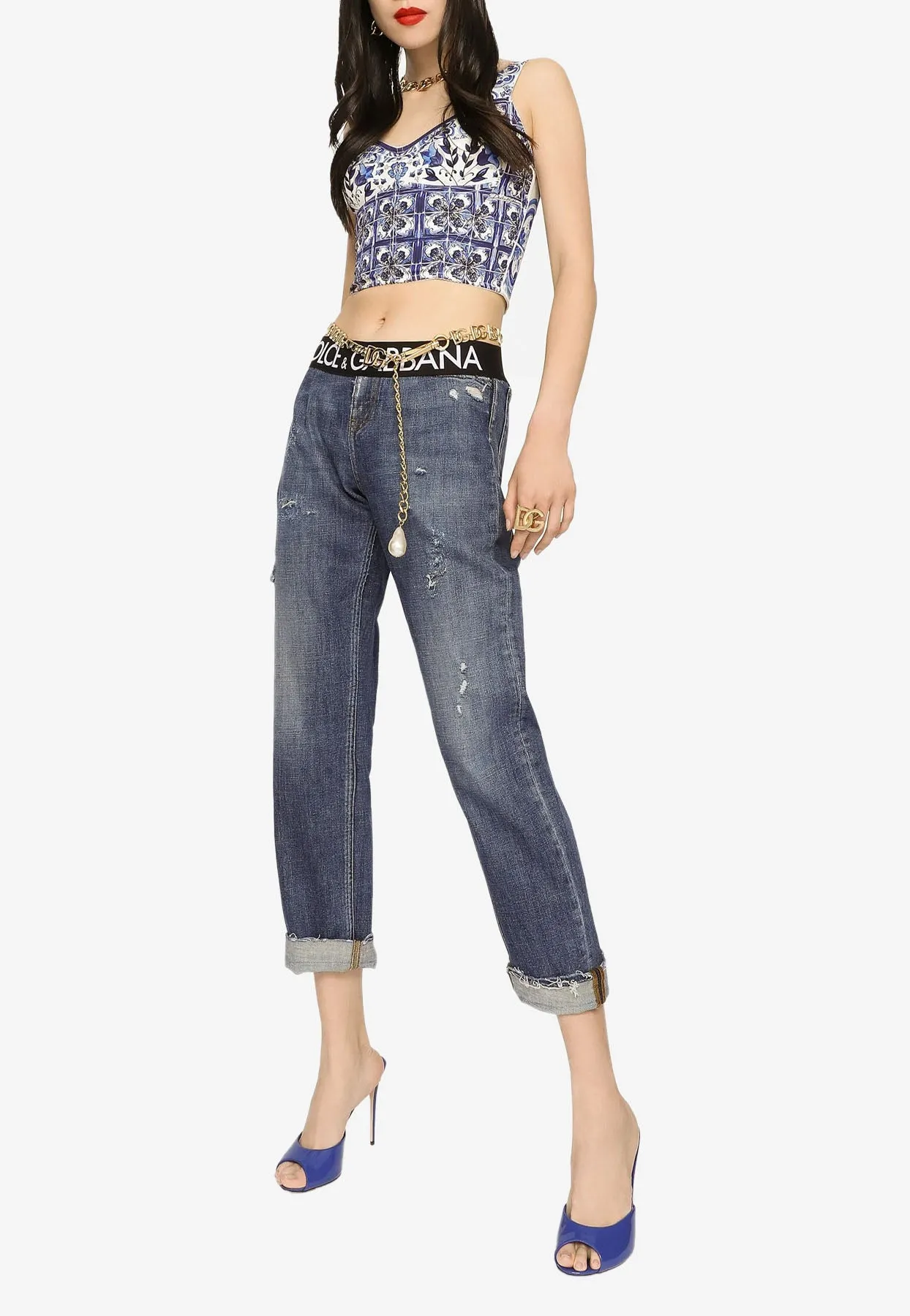 Majolica Print Corset Cropped Top