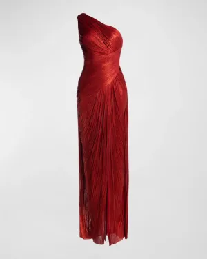 Maria Lucia Hohan
Esther Metallic Plisse Thigh-Slit One-Shoulder Gown