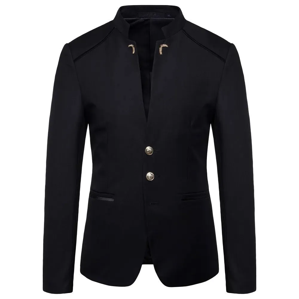 Men Blazer Coat 2023 Spring New Fashion Button Decorative Chinese Style Slim Fit Stand Collar Solid Color Suit Jacket