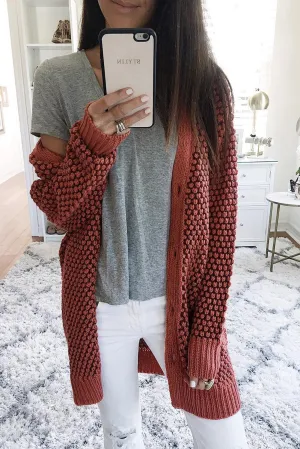 Mineral Red Textured Knit Buttoned Open Front Cardigan