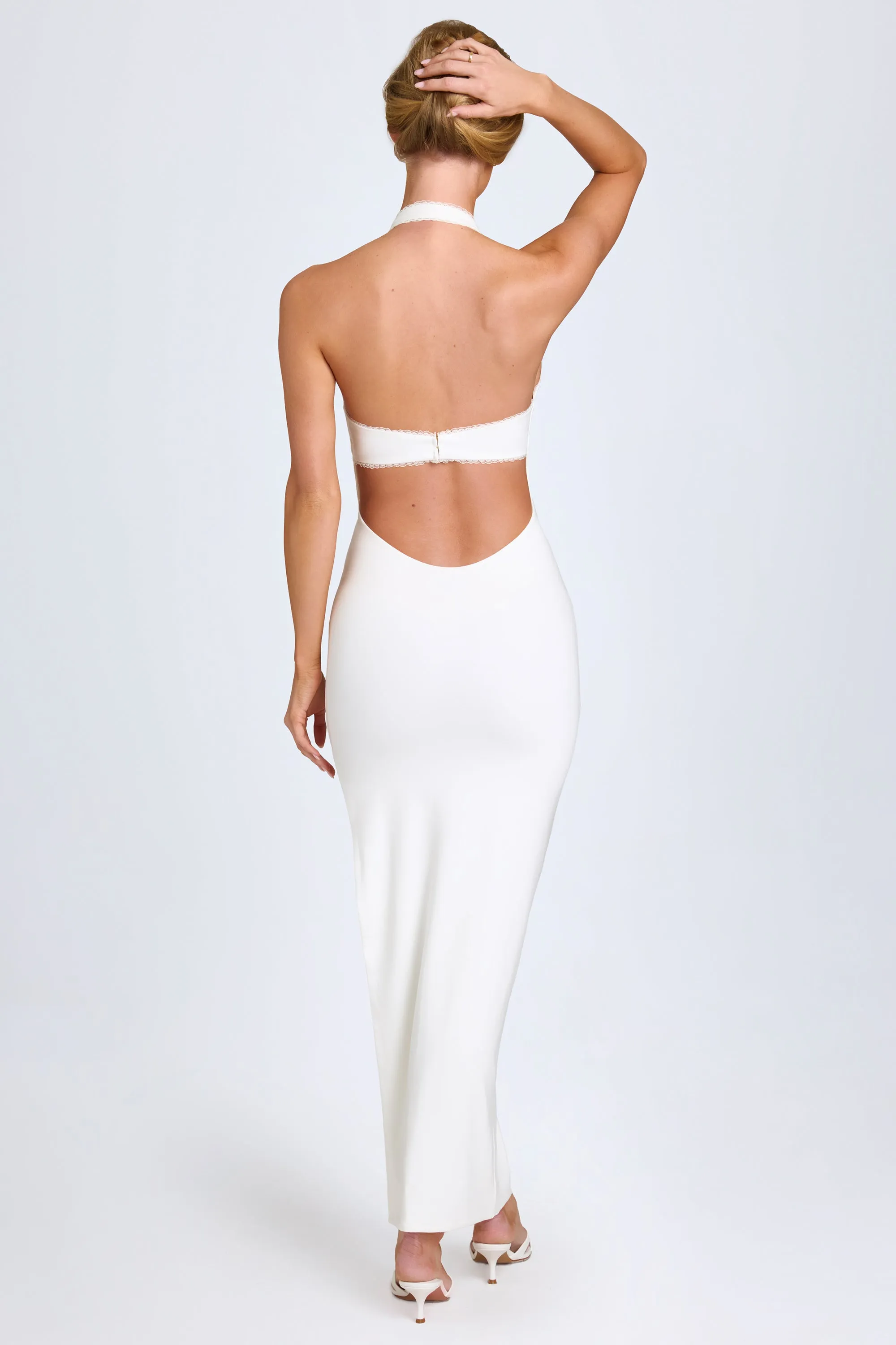 Modal Lace-Trim Halterneck Maxi Dress in White