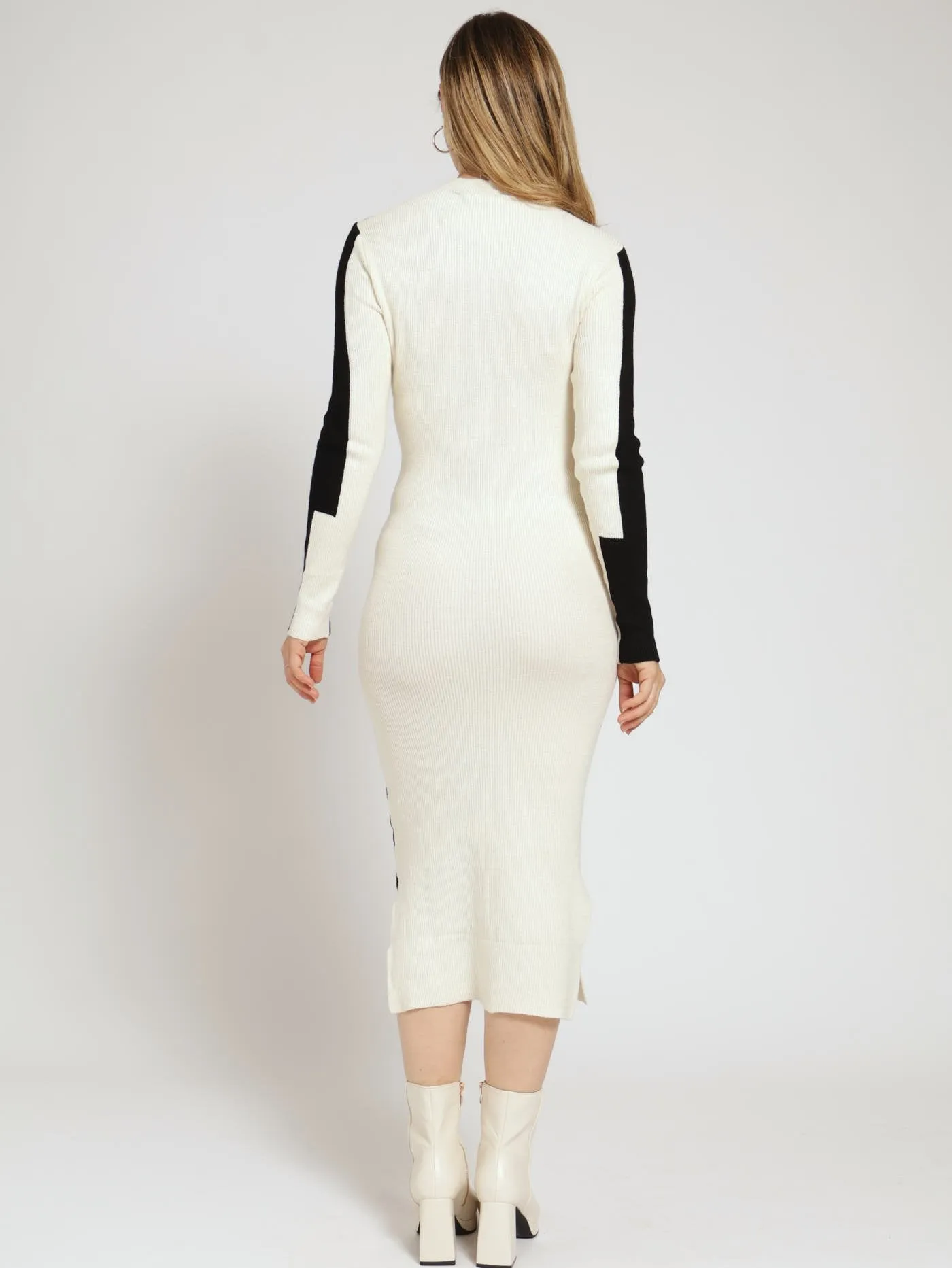 Monochrome Column Knitwear Midi Dress - Black/White
