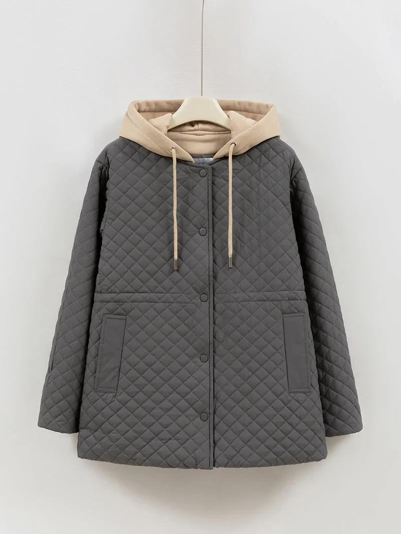 Monochrome Windproof Easy-to-Clean Hooded Puffer Jacket