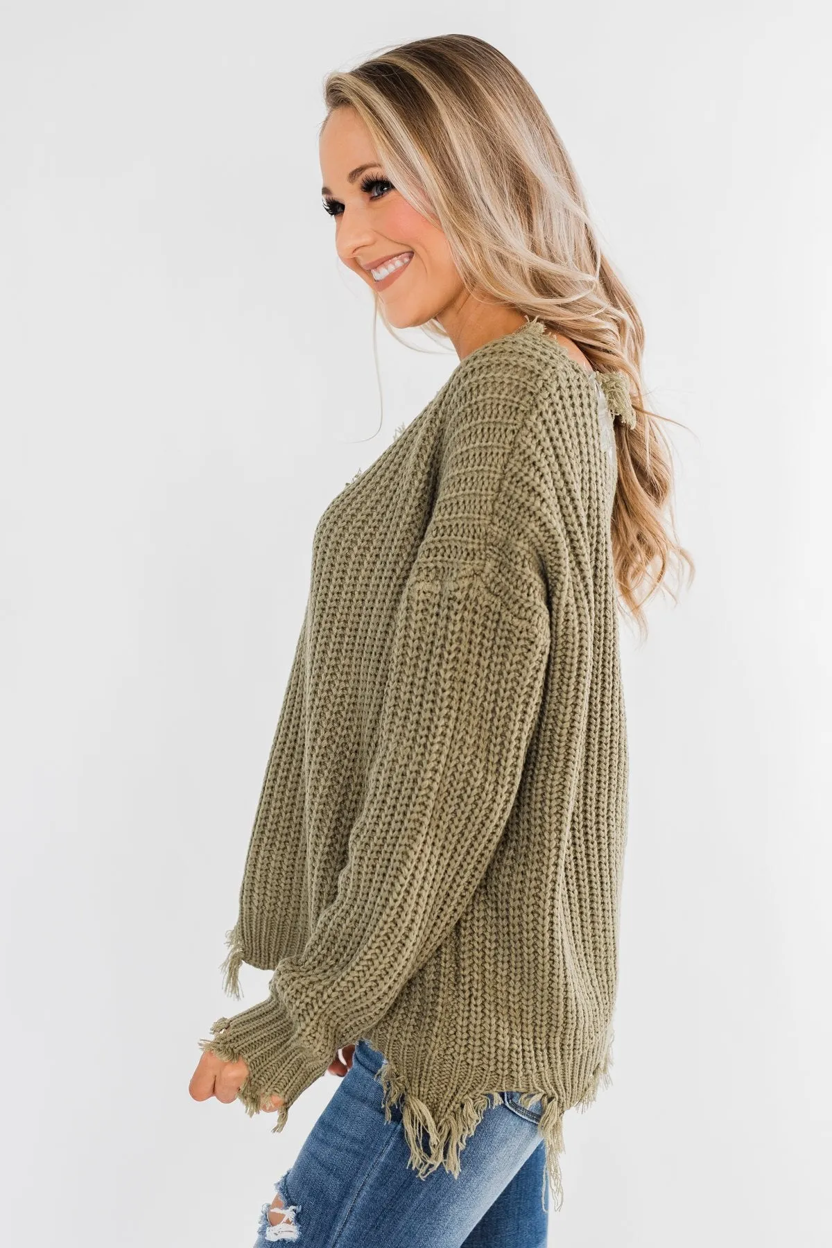 My Own Way Frayed V-Neck Sweater- Olive
