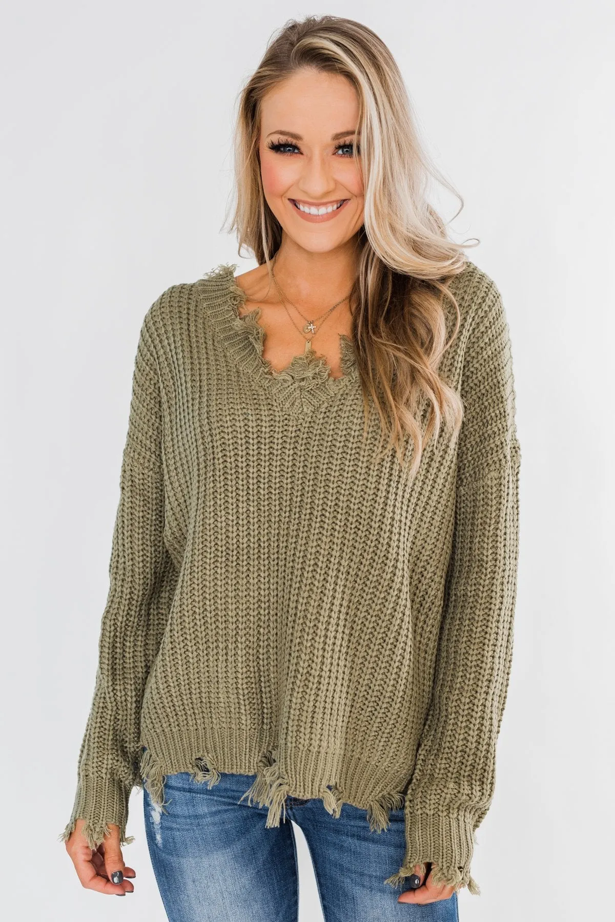 My Own Way Frayed V-Neck Sweater- Olive