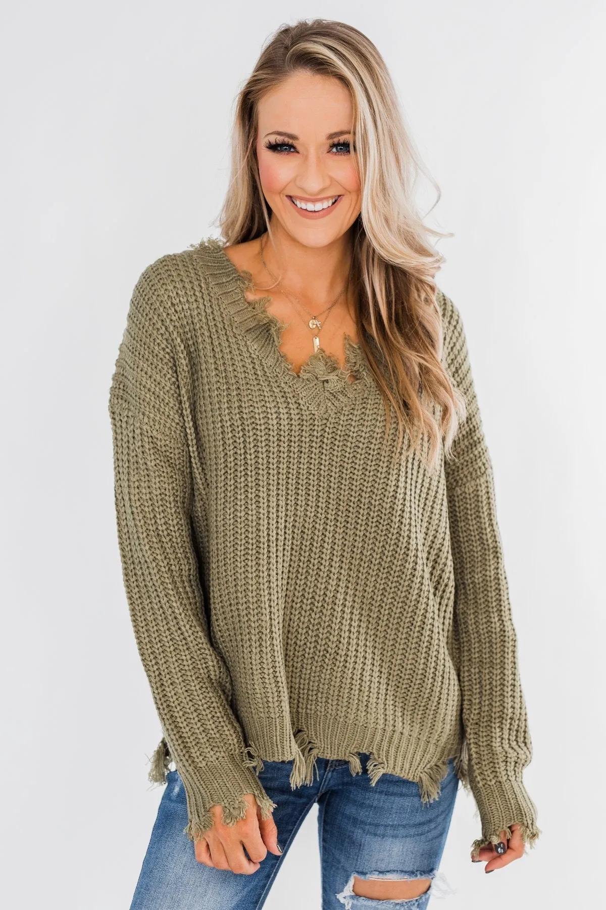 My Own Way Frayed V-Neck Sweater- Olive