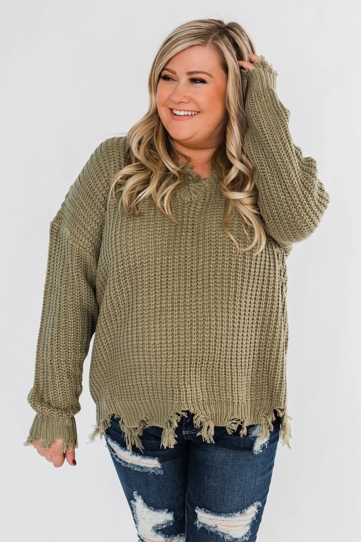 My Own Way Frayed V-Neck Sweater- Olive