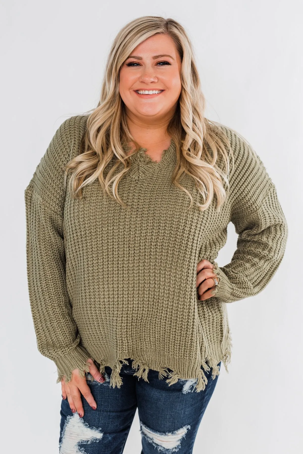 My Own Way Frayed V-Neck Sweater- Olive