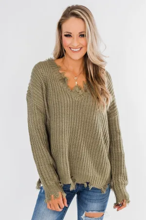 My Own Way Frayed V-Neck Sweater- Olive