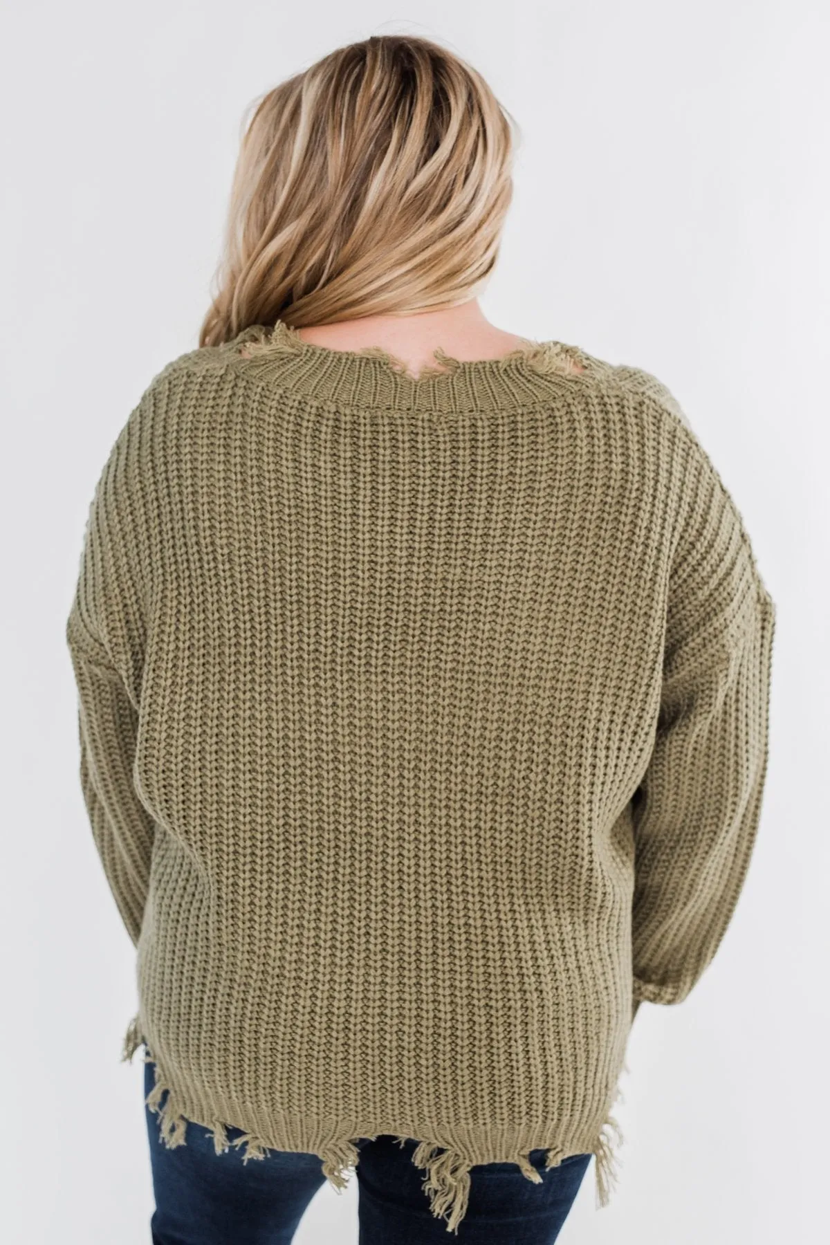 My Own Way Frayed V-Neck Sweater- Olive