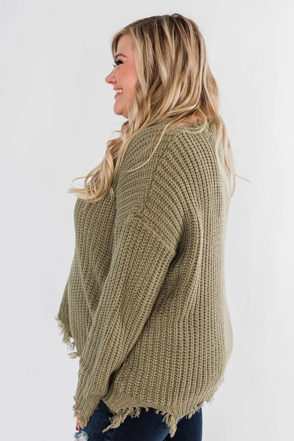 My Own Way Frayed V-Neck Sweater- Olive