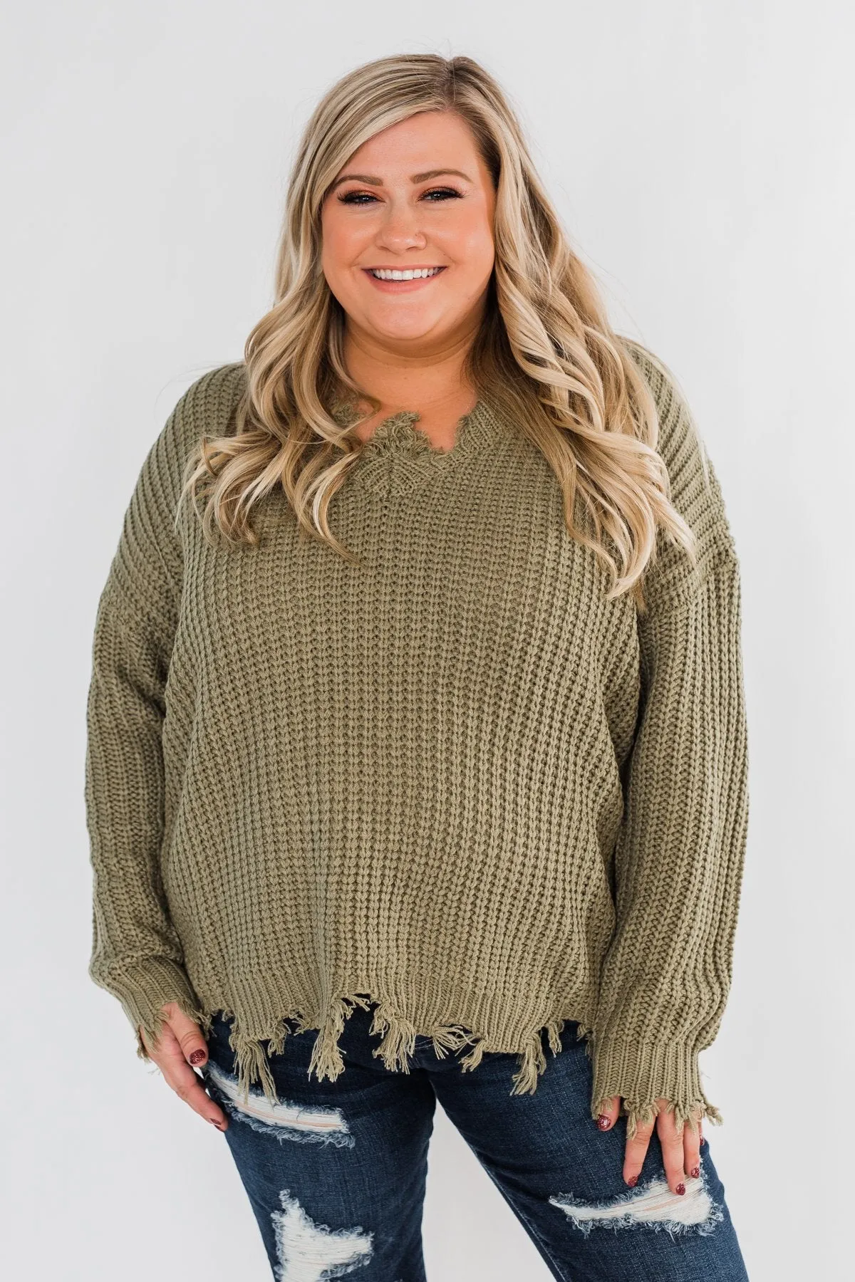 My Own Way Frayed V-Neck Sweater- Olive