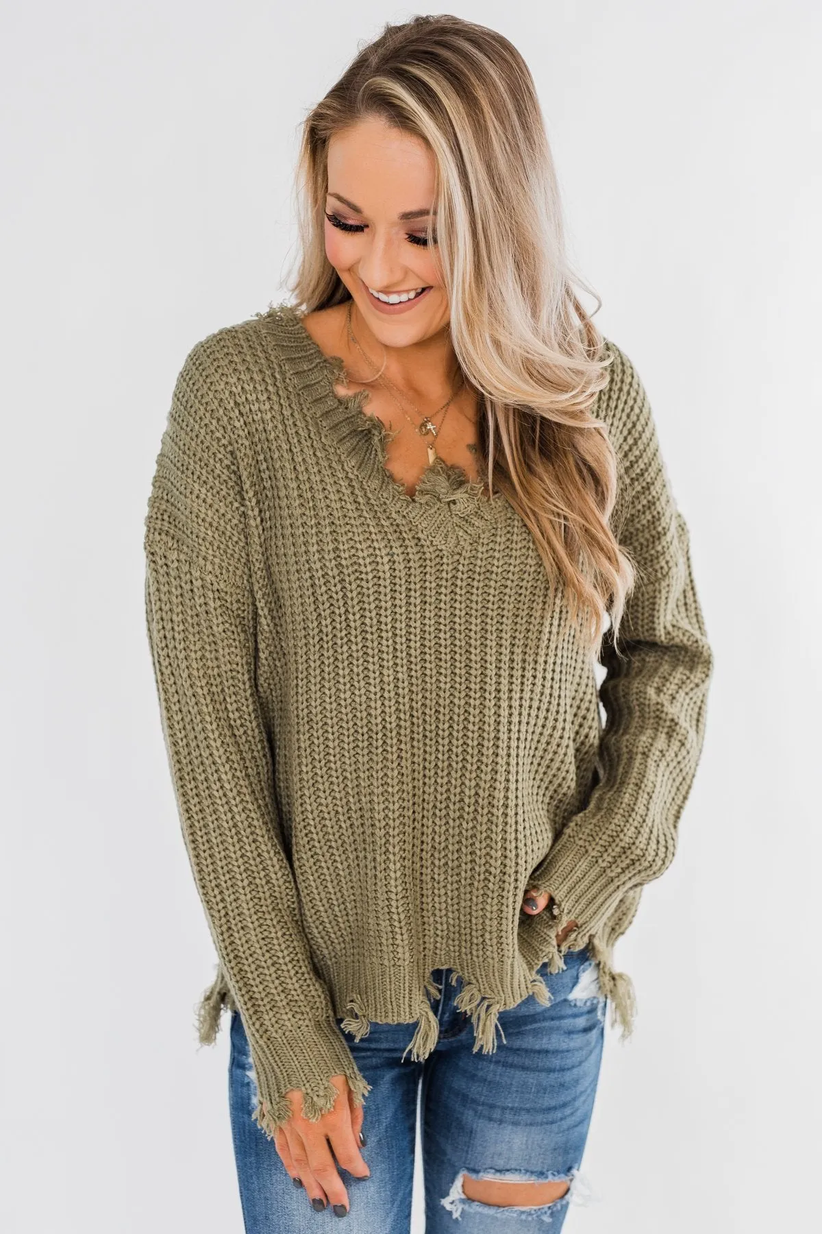 My Own Way Frayed V-Neck Sweater- Olive