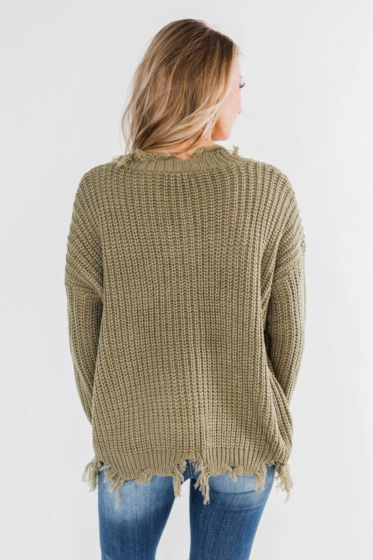 My Own Way Frayed V-Neck Sweater- Olive