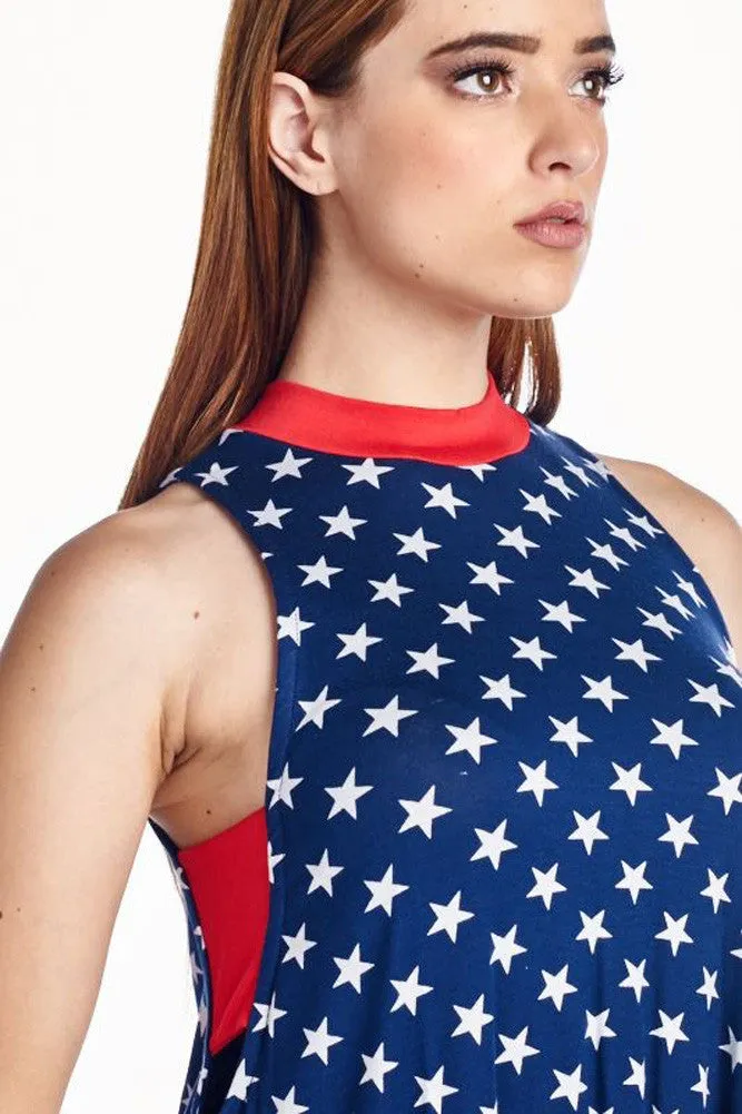 Navy Star Patriotic High Neckline Halter Keyhole Cut-out Tank Dress U.S.A