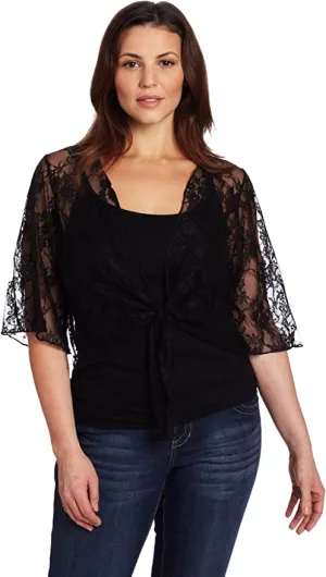 New Star Vixen Women's Plus-Size 3/4 Sleeve Tie front Lace Shrug, Black, Sz 1X!