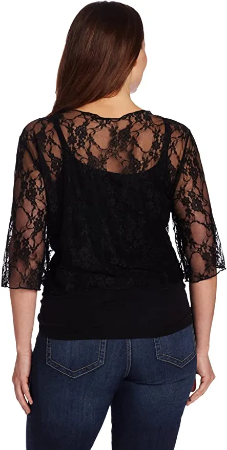 New Star Vixen Women's Plus-Size 3/4 Sleeve Tie front Lace Shrug, Black, Sz 1X!
